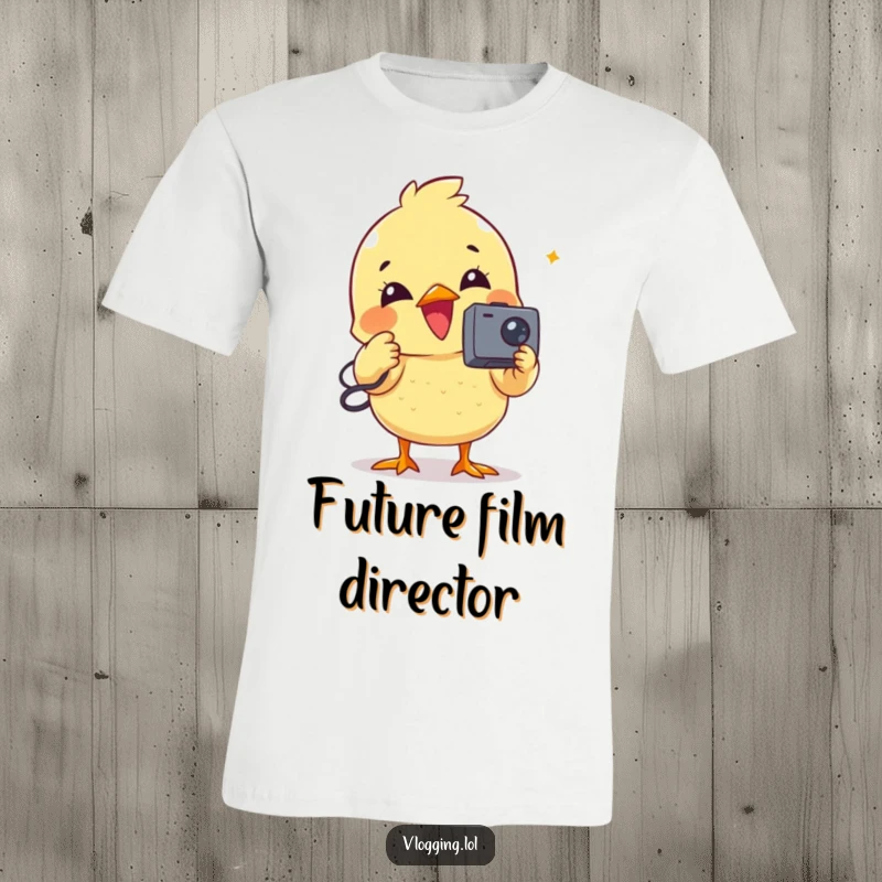Funny t-shirt with a delighted chick enthusiastically recording a video with a minuscule camcorder.