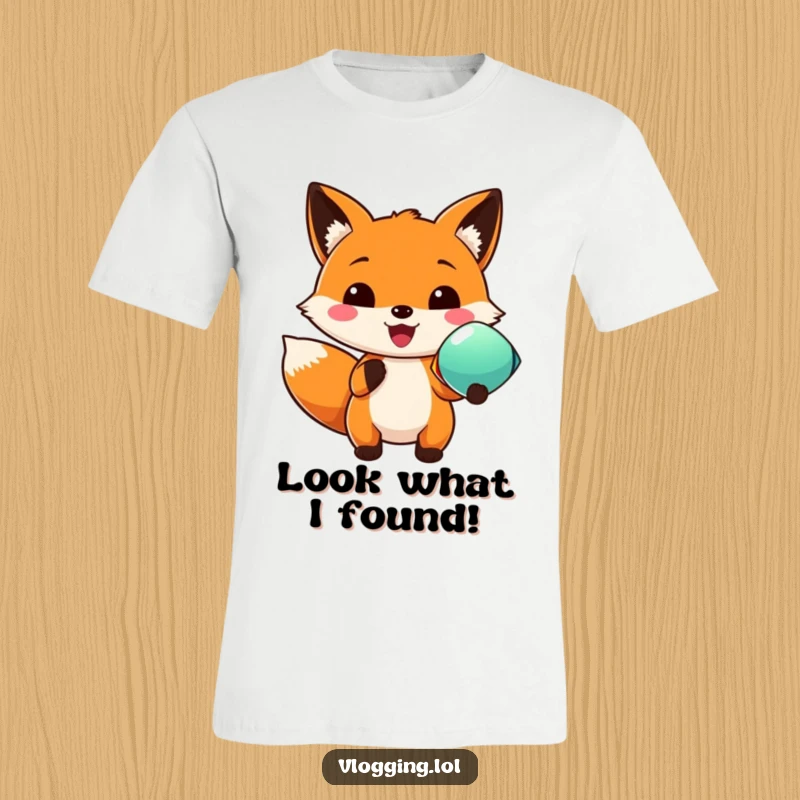 Funny t-shirt of an ecstatic fox holding up a brightly colored item, looking thrilled and eager to share.