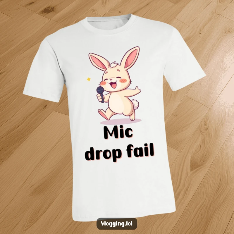 Funny t-shirt showing a playful bunny stumbling while holding a microphone, mid-laugh, capturing a moment of hilarious performance.