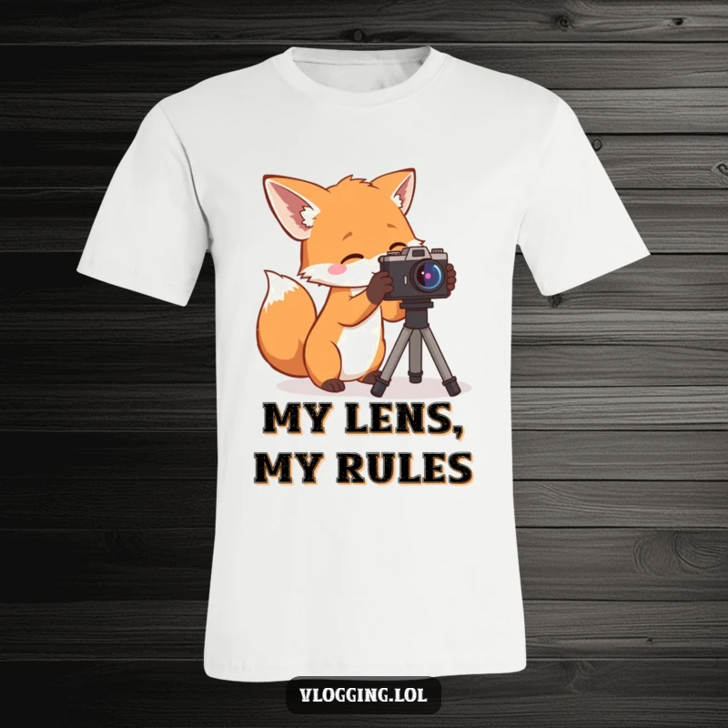 Funny T-Shirt: A curious fox meticulously adjusting a camera, embodying the spirit of photography, a fantastic funny gift.