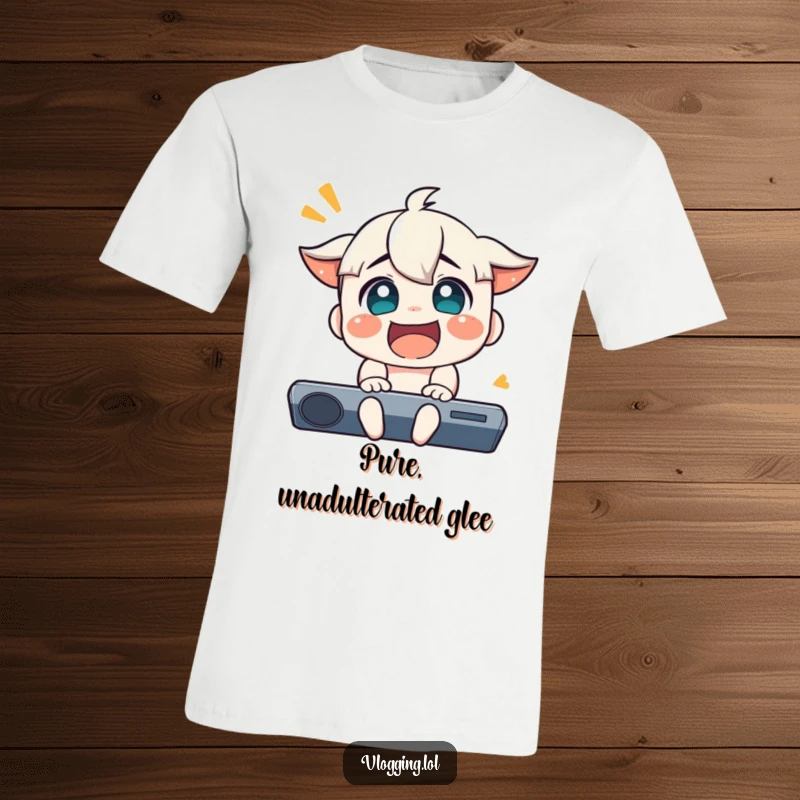Funny t-shirt featuring a character with a hilariously joyful and exaggerated expression, reacting to unseen wonders with pure delight.
