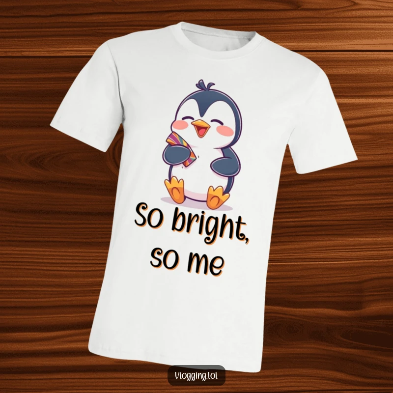 Funny t-shirt design of a giggling penguin proudly showing off a colorful item, radiating infectious excitement and humorous delight.