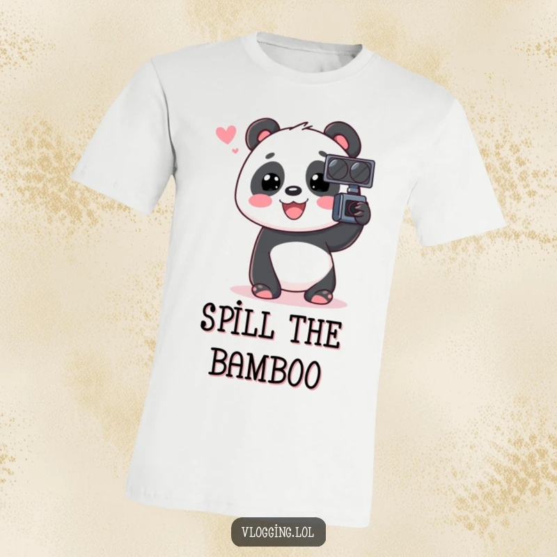 Funny Panda T-Shirt featuring an animated panda enthusiastically chatting into a video recorder, a humorous tee for vloggers.