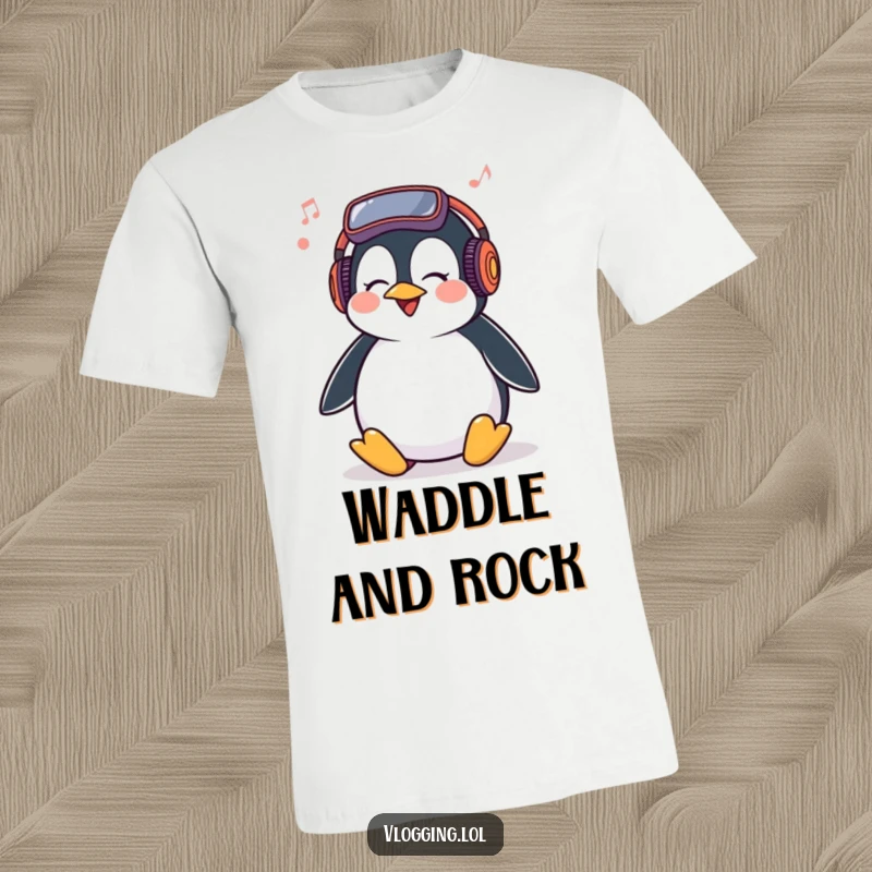 Funny Penguin T-Shirt depicting a giggling penguin bopping its head enthusiastically to vlogging music, a humorous tee.