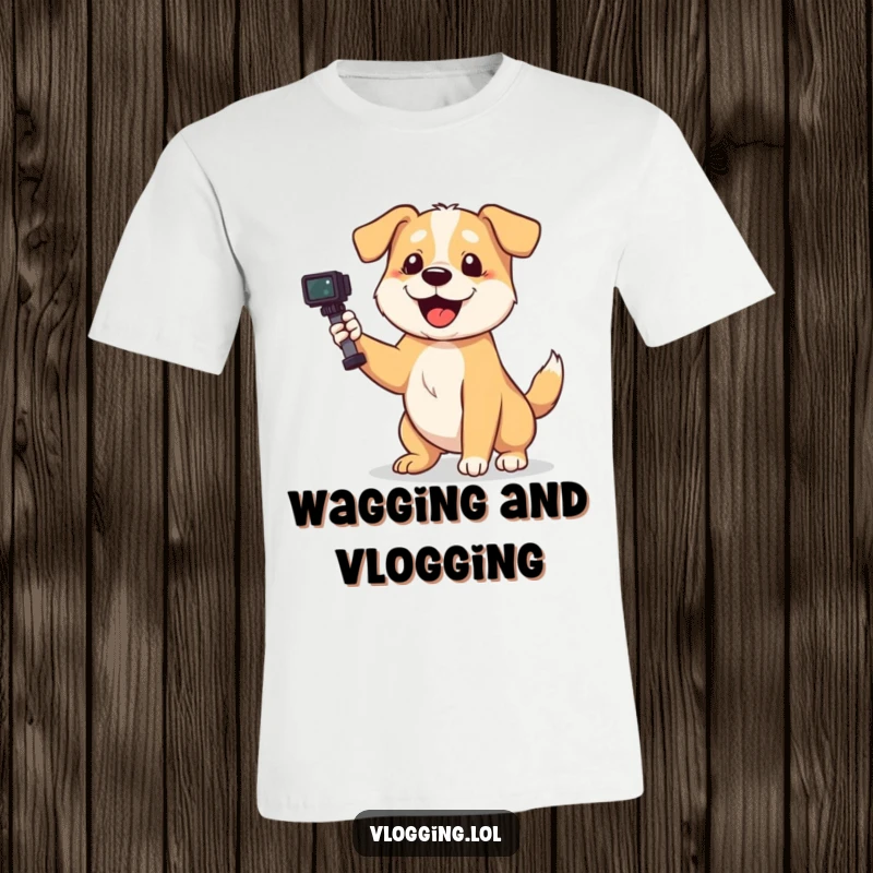 Funny dog t-shirt of a playful dog wagging its tail energetically while filming, ideal for content creators.