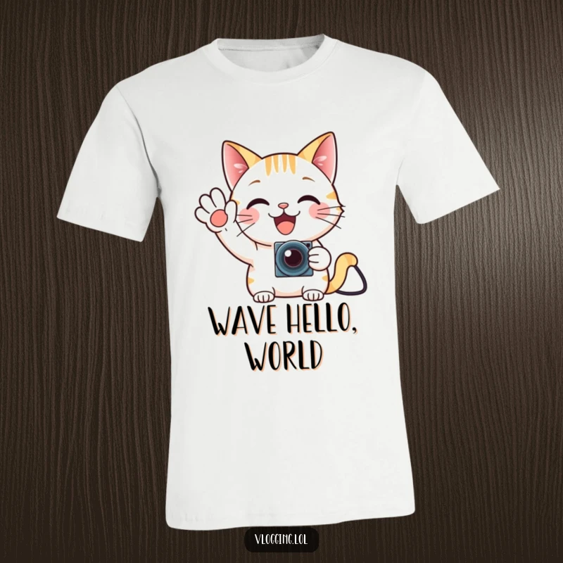 Funny cat gamer t-shirt, waving enthusiastically at a tiny camera, perfect for streamers and cat lovers.