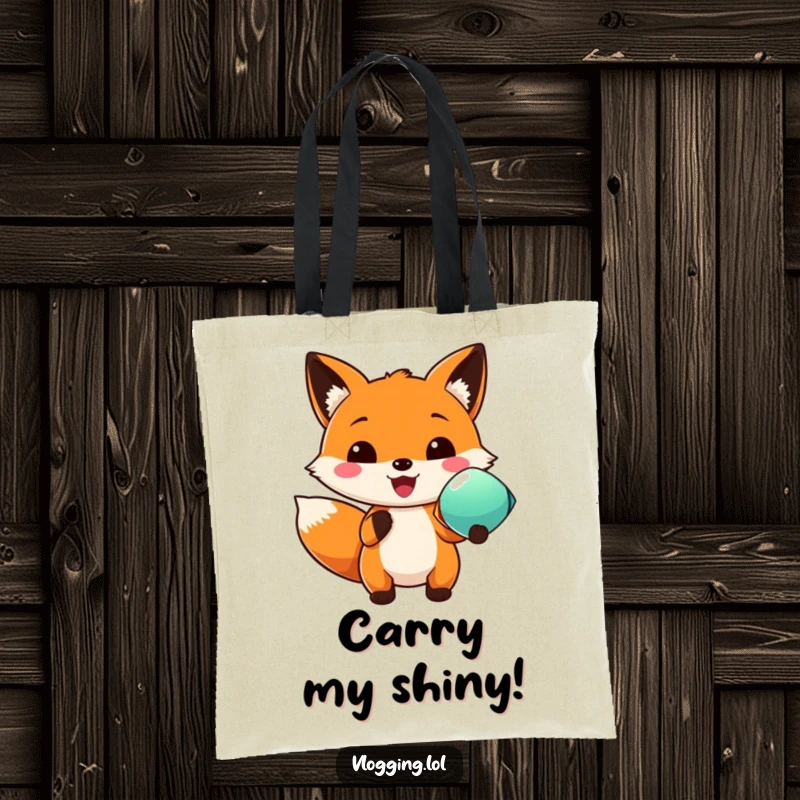 Funny tote bag with a gleeful fox proudly displaying a striking, colorful object, perfect for casual outings.
