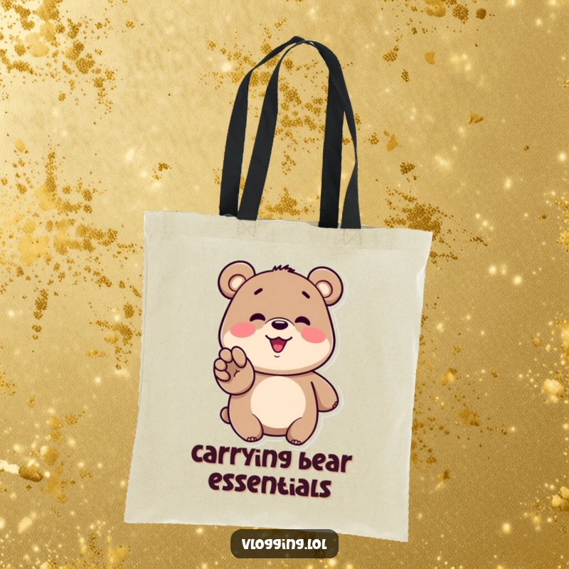 Funny bear tote bag featuring a happy bear gesturing enthusiastically towards a screen with a big smile, perfect for sharing.