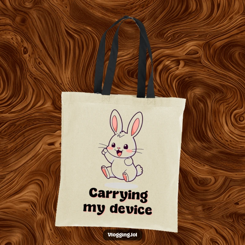 Funny tote bag featuring a bouncing bunny enthusiastically tapping on a digital screen, perfect for carrying items with a humorous, techy flair.