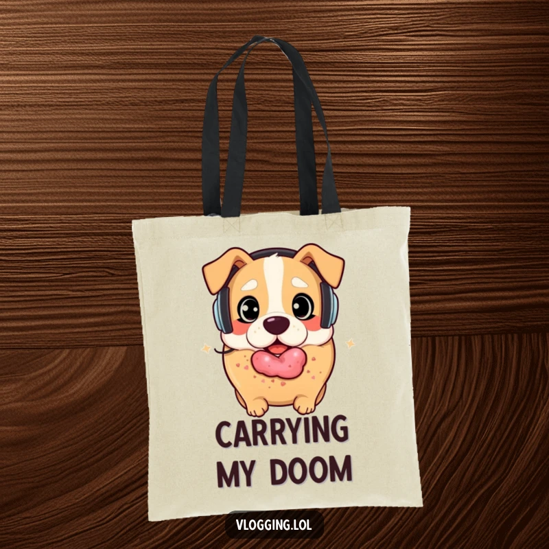 Funny bagel dog tote bag: A surprised bagel with headphones is about to be playfully nudged by a happy dog. Perfect funny gift.