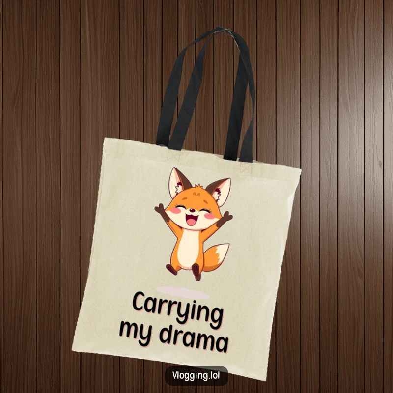 Funny tote bag illustrated with a joyful fox leaping dramatically for a vlogging intro, promoting creative content.