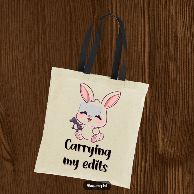 Funny tote bag with a cheerful rabbit concentrating intensely on editing a video, its expression full of focus.