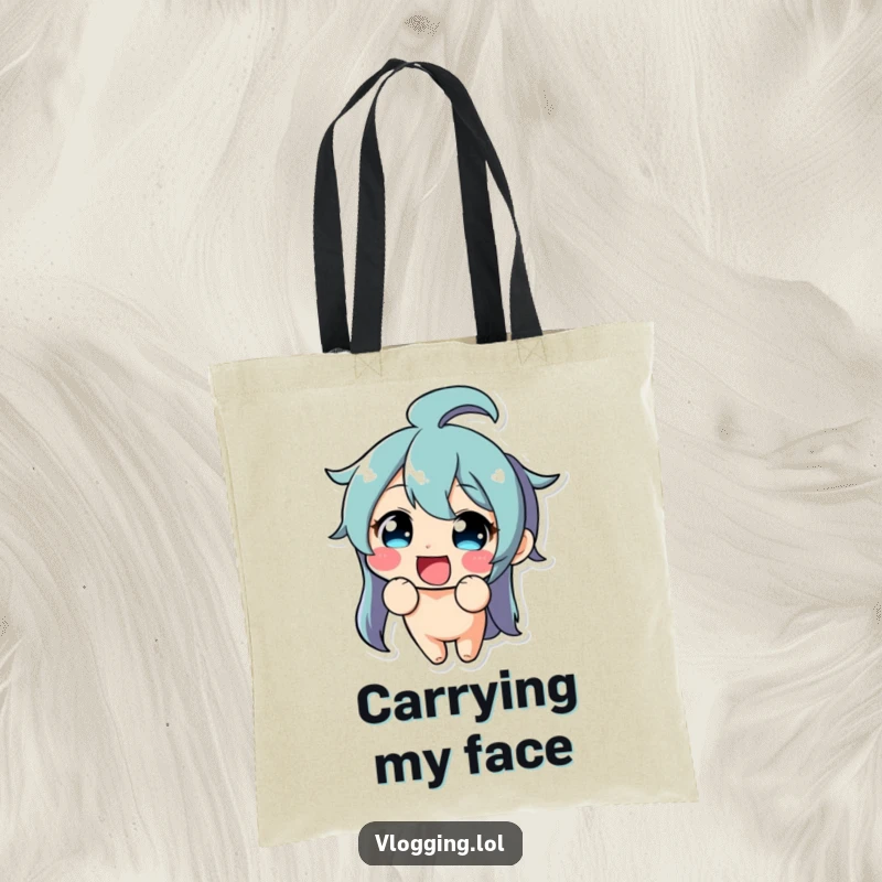 Funny tote bag showcasing a delighted character making a comical, exaggerated funny face directly towards the viewer.