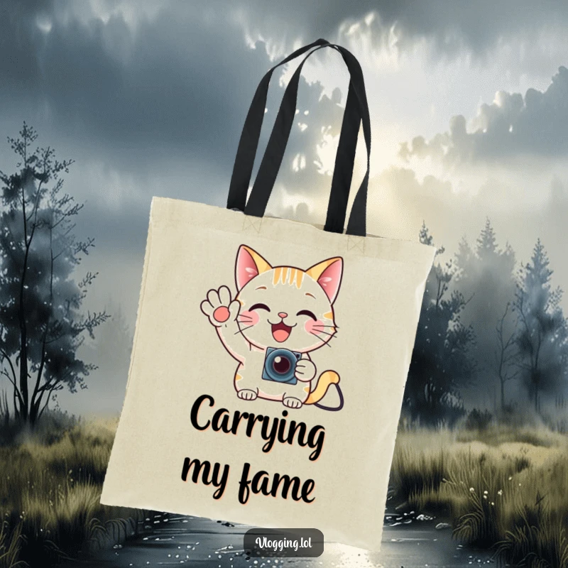 Funny cat gamer tote bag, waving enthusiastically at a tiny camera, a humorous and practical accessory.