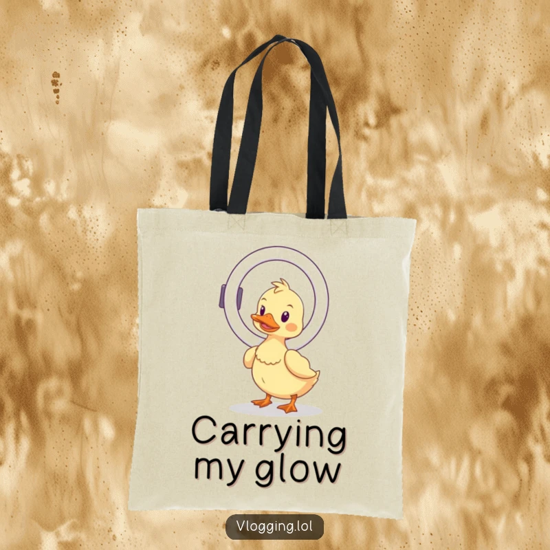 Funny wobbly duck tote bag, humorously balancing a ring light, a charming and practical accessory for influencers and aspiring stars.