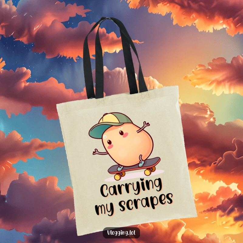 Funny jelly bean skater tote bag: A jelly bean wearing a cap is falling off a skateboard in a funny and clumsy manner. Perfect funny gift.