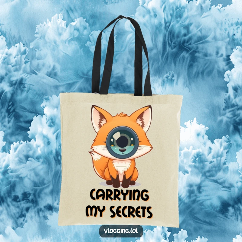 Funny tote bag with a curious fox looking straight into the camera with wide, inquisitive eyes. Great for shoppers.