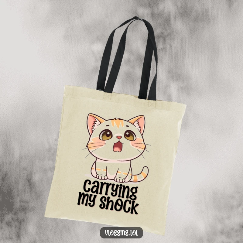 Funny tote bag with a cat displaying a comically surprised expression, eyes wide and mouth agape, conveying humorous shock for shoppers.