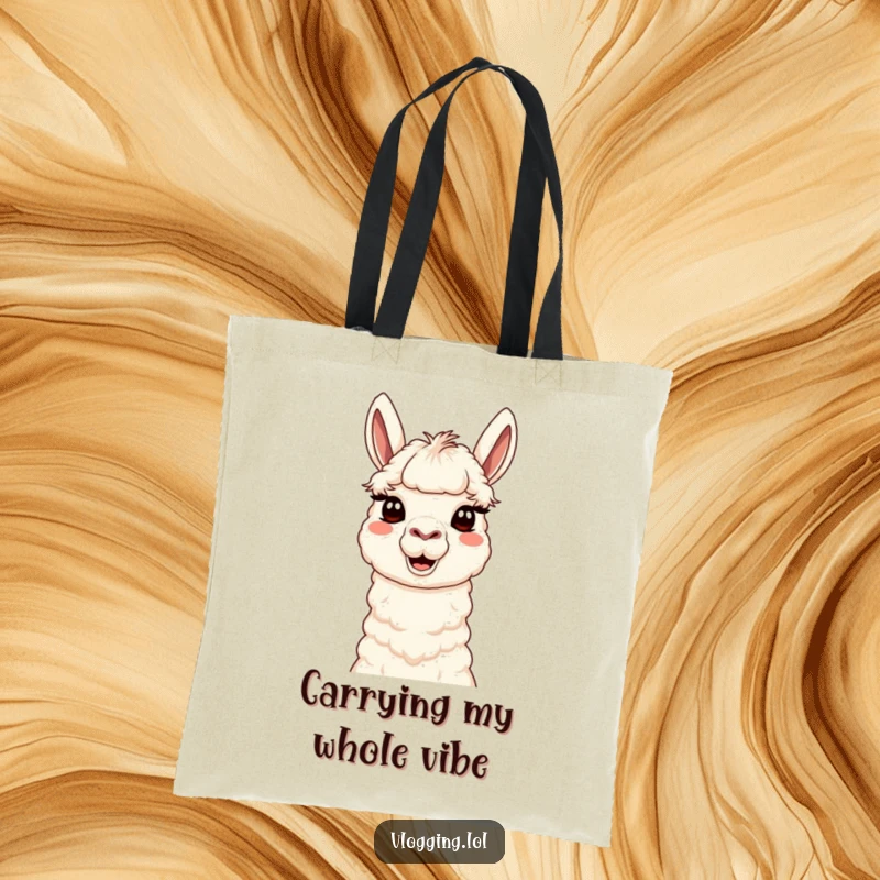 Funny Content Llama Tote Bag featuring a cute llama making a silly, humorous face, perfect for carrying creative work and essentials.
