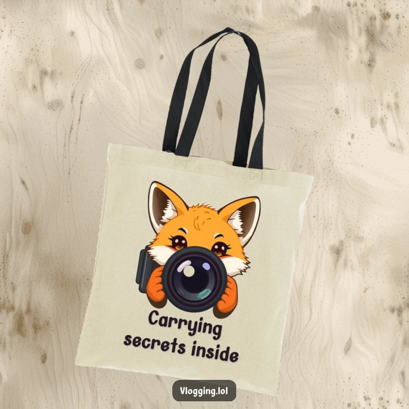 Funny tote bag featuring a curious fox peeking into a camera lens, perfect for carrying items with a humorous, inquisitive flair.