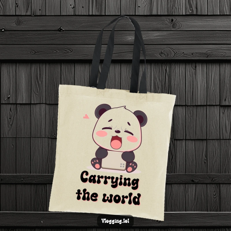 Funny tote bag featuring a tired panda yawning widely in front of a digital device, perfect for carrying items with a humorous, sleepy flair.