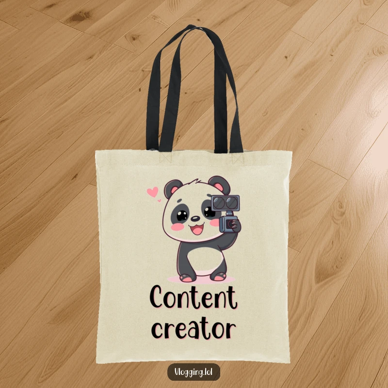 Funny Panda Tote Bag showcasing an animated panda chatting into a video recorder, a humorous and practical accessory.