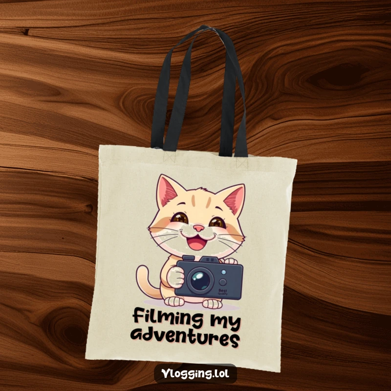 Funny tote bag featuring a happy cat filming itself with a camera, designed for creators on the go with a smile.
