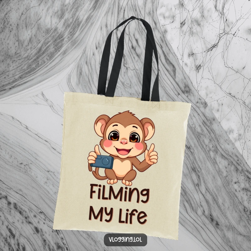 Funny Monkey Vlogger Tote Bag with a mischievous monkey filming itself, contorting its face into various funny expressions.