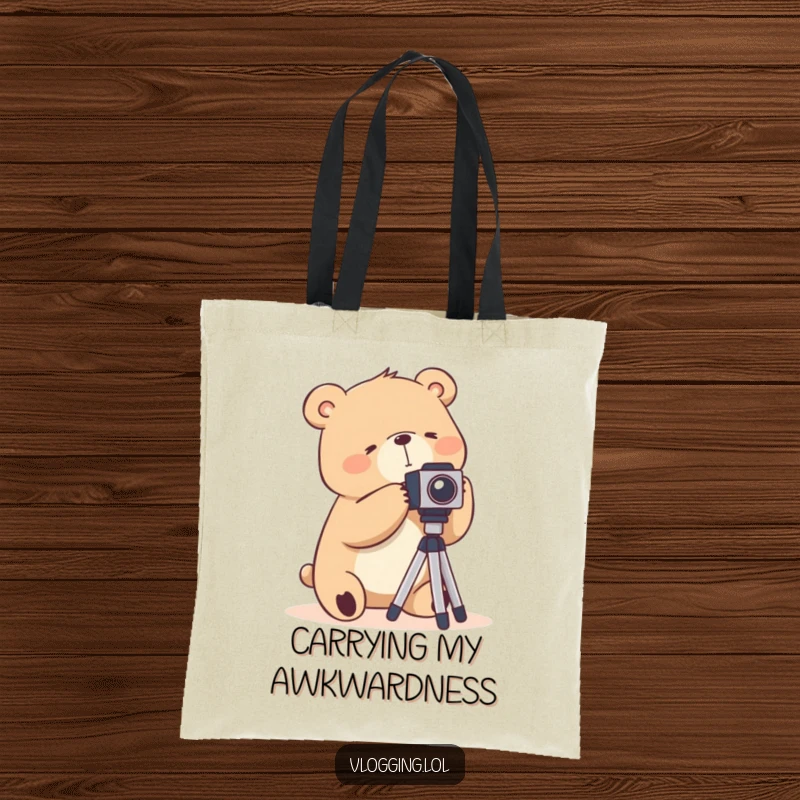 Funny tote bag illustrated with a silly bear awkwardly maneuvering a camera tripod, for photography enthusiasts.