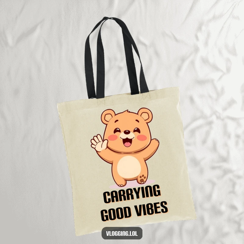 Funny tote bag with a happy bear waving enthusiastically at an unseen audience, conveying humorous warmth and a welcoming spirit for shoppers.