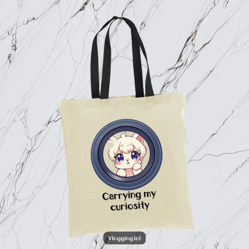 Funny tote bag featuring a curious character peeking into a camera lens, a humorous accessory for photographers.