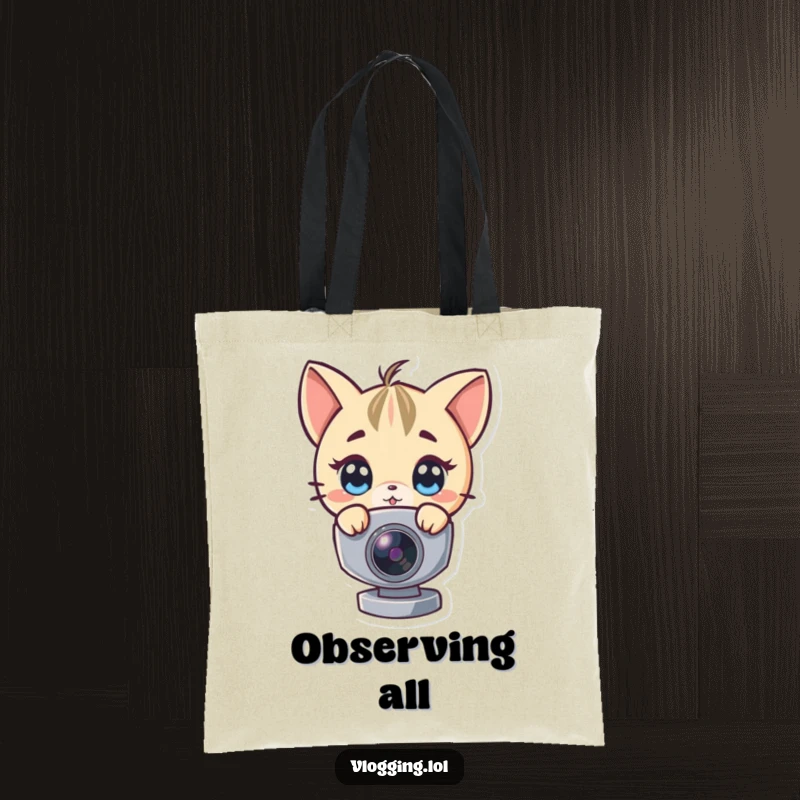 Funny tote bag with an illustrated character peeking around a webcam, ideal for carrying items humorously.