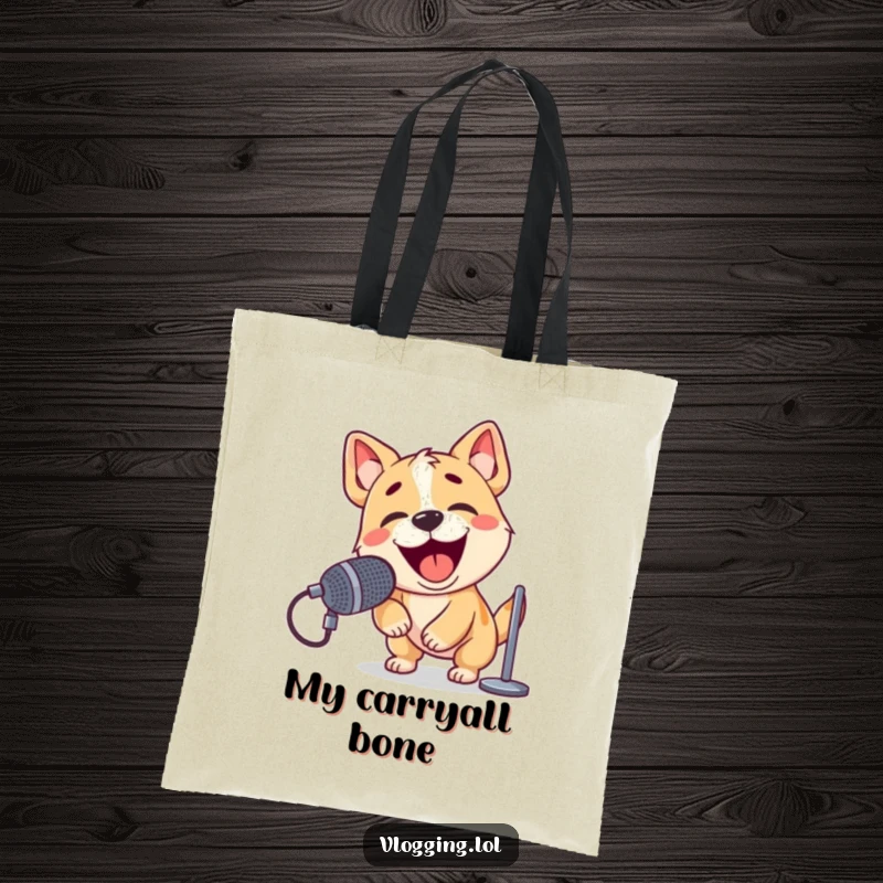 Funny tote bag with a playful dog enthusiastically barking into a microphone, exuding confidence and energy.