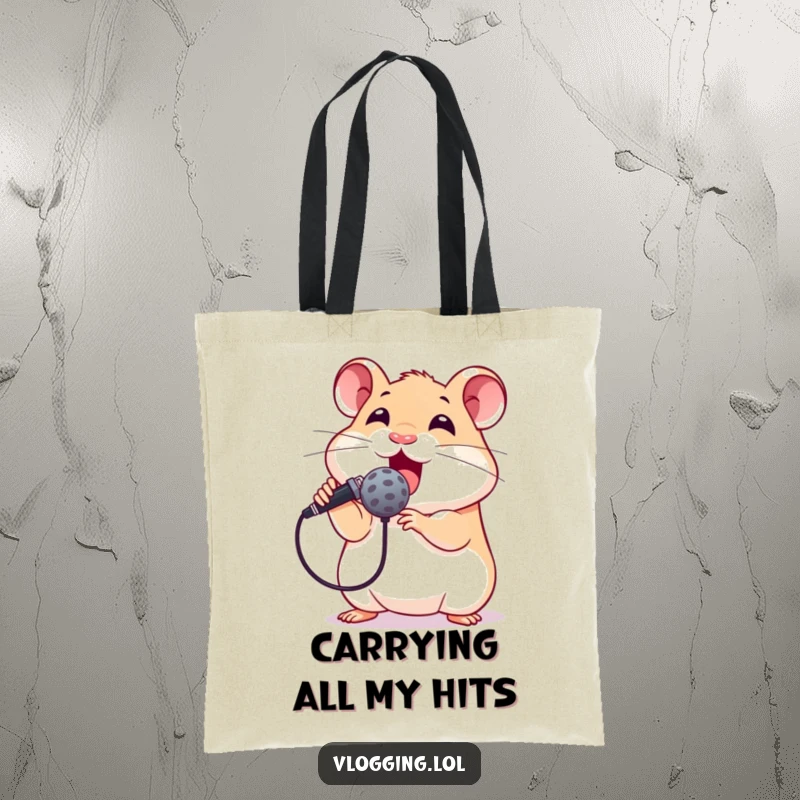 Funny tote bag with an excited hamster holding a microphone, ready to sing, conveying a humorous and energetic personality for a shopping companion.