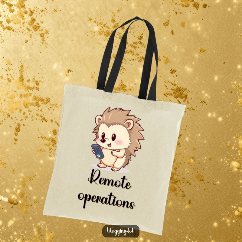 Funny hedgehog tote bag, humorously pressing a button on a remote control, a charming and practical accessory for tech-savvy individuals.