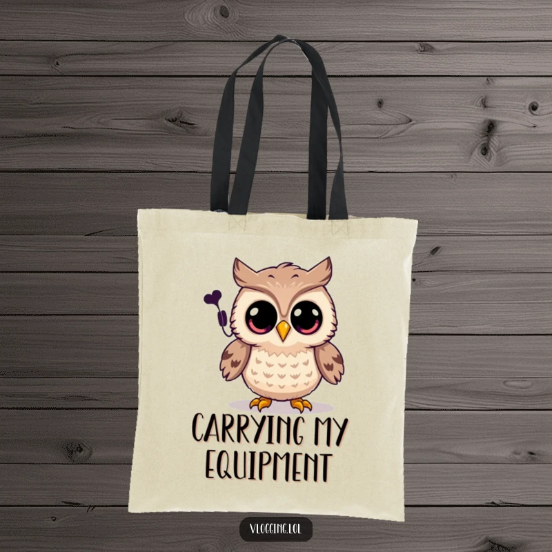 Funny owl tote bag with a joyful owl and wide eyes recording a spooky sound, perfect for collectors.