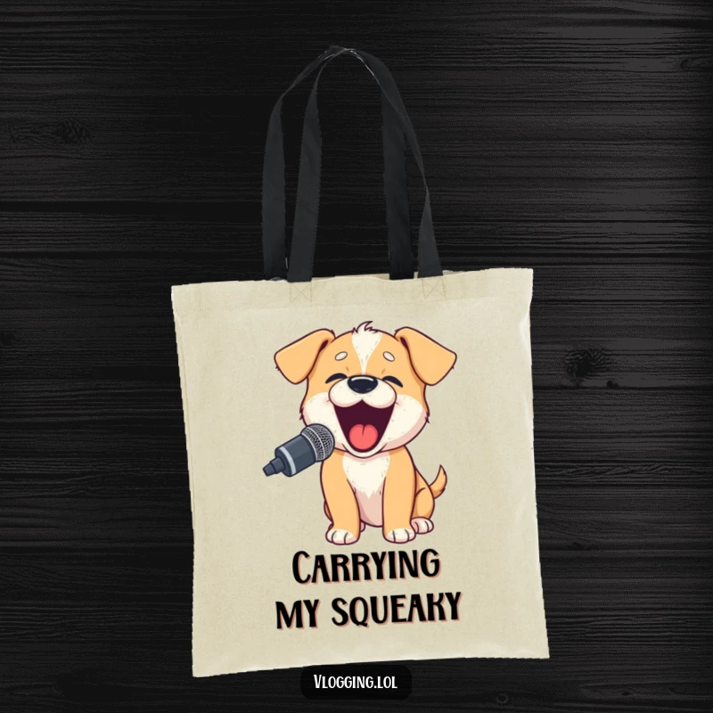Funny puppy tote bag featuring an excited puppy barking into a microphone, ideal for carrying announcements or groceries.