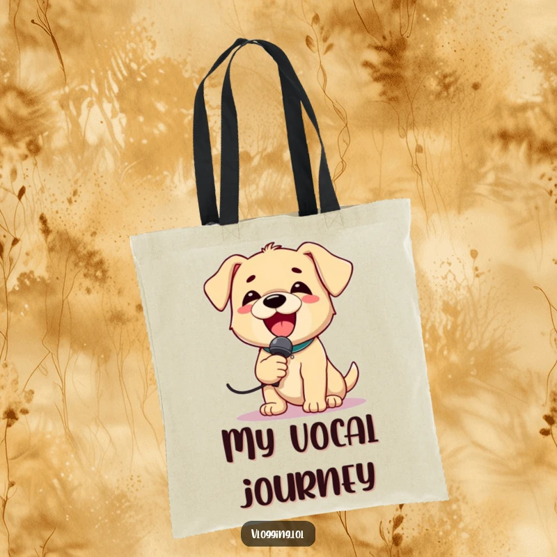 Funny Puppy Rockstar Tote Bag featuring a delighted puppy holding a microphone and singing loudly, ready to share its song.