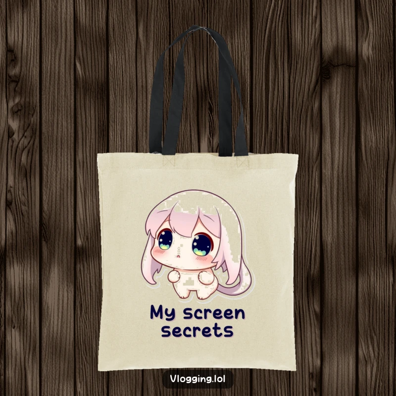 Funny tote bag showcasing a curious character looking shocked and surprised while viewing their digital screen.