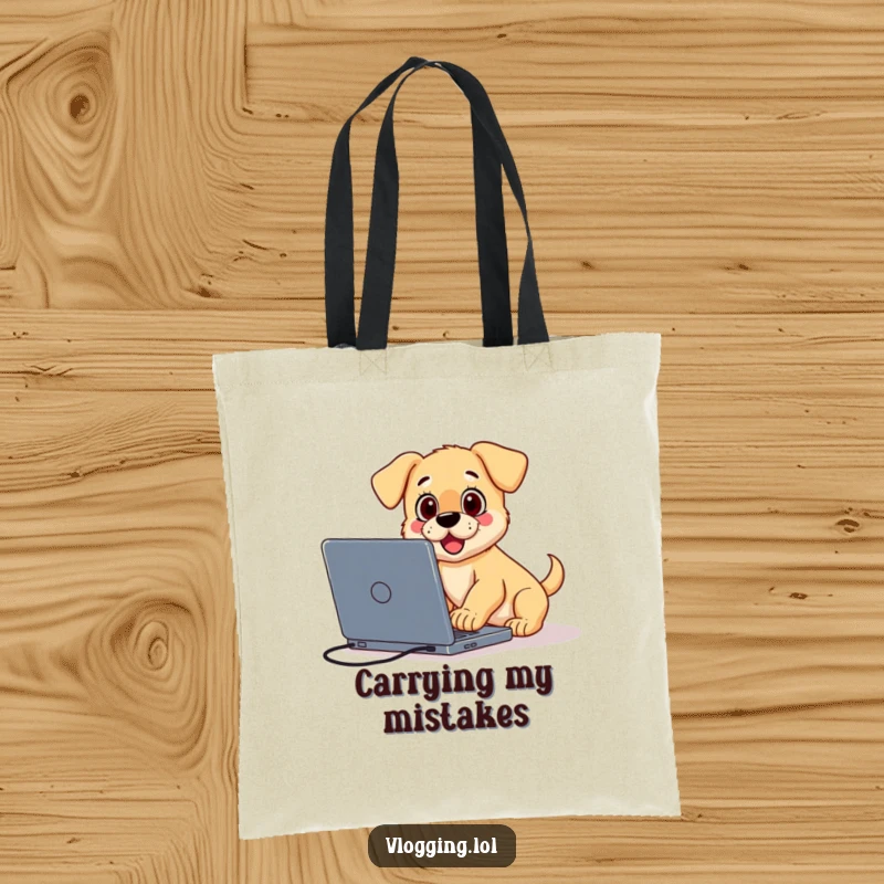 Funny tote bag with a surprised puppy falling over a laptop during a vlog, a humorous accessory for content creators.