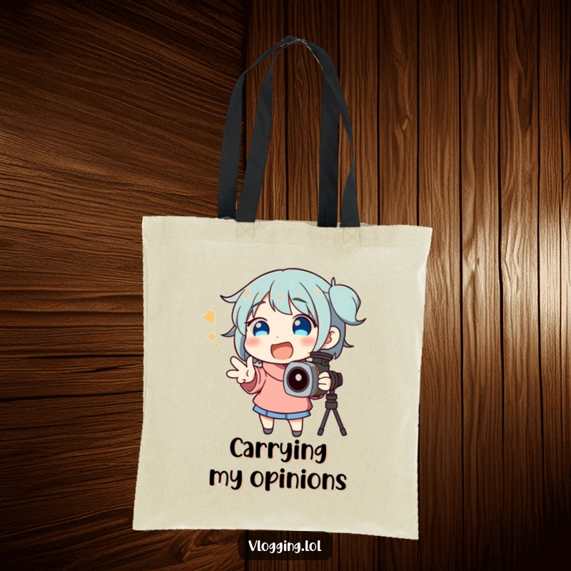 Funny tote bag showcasing a happy character wildly gesturing and speaking animatedly towards a camera.