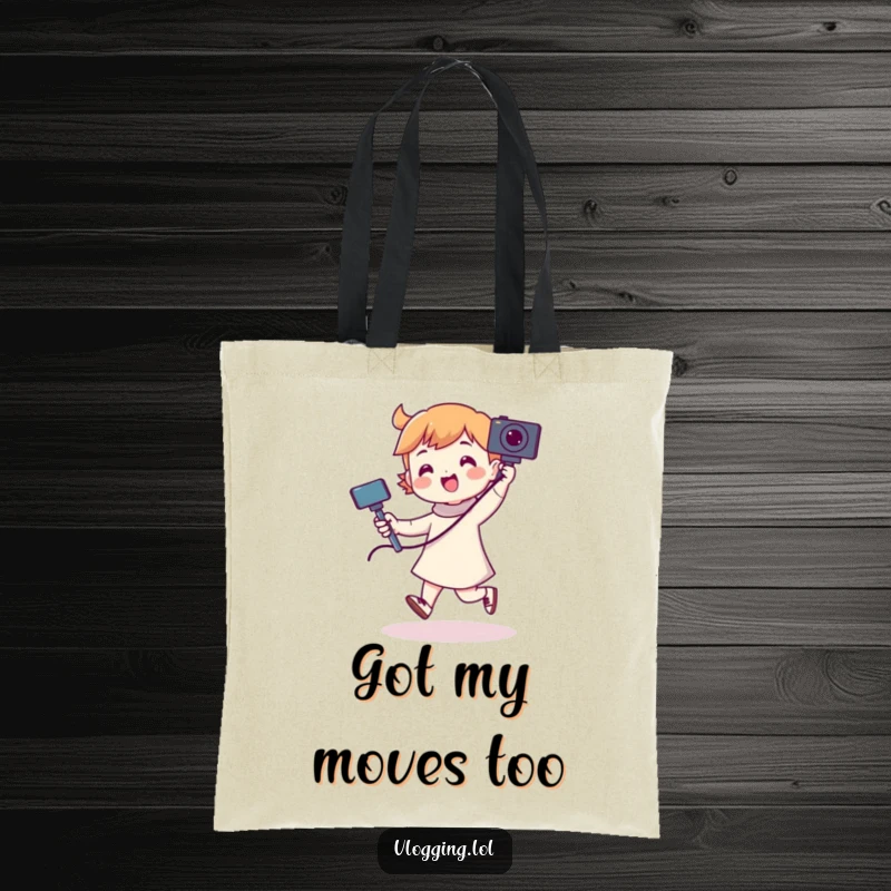 Funny tote bag illustrates a cheerful character in mid-dance, holding a camera attached to a selfie stick, ready for adventure.