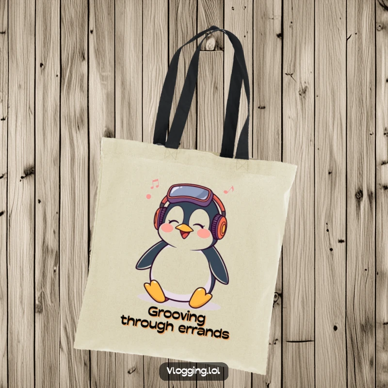 Funny Penguin Tote Bag showcasing a giggling penguin bopping its head to vlogging music, a humorous and practical accessory.