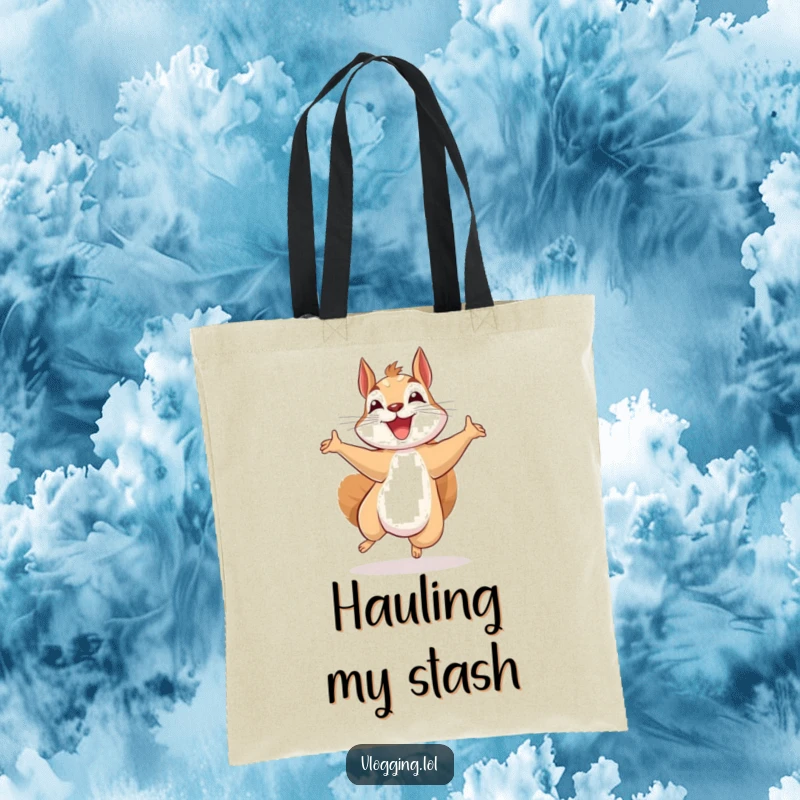 Funny beaming squirrel tote bag, jumping with excitement while recording, a charming and humorous accessory for creators and busy bees.
