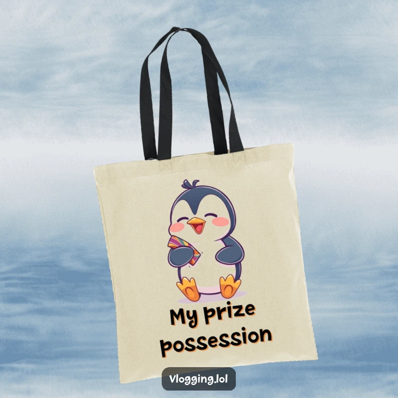 Funny tote bag with a giggling penguin excitedly showing off a colorful item, radiating humorous joy and a celebratory spirit for shoppers.