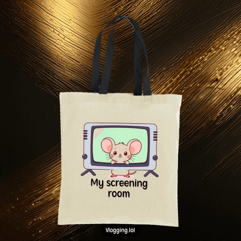 Funny shy mouse peeking from behind a massive video game screen on a canvas tote bag.