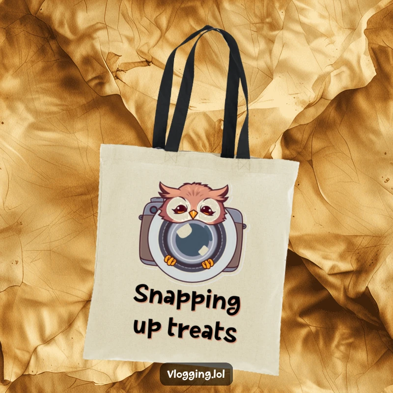 Funny giggling owl tote bag, peeking from behind a camera lens, a charming and humorous accessory for photographers and lovers of cute owls.